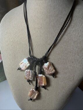 Handcrafted Freshwater Baroque Pearl Pendant Necklace - Pink Gold on Brown Cord
